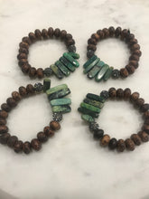 Load image into Gallery viewer, Wood bead bracelet with green spikes