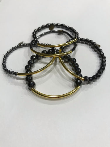 Five piece hematite and gold bracelet stack set