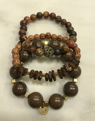 Three piece brown opal, jasper and wood bead set with gold accents