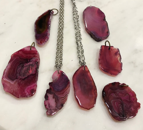 Pink raw agate on silver or antique gold chain