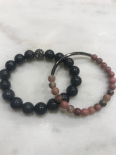 Load image into Gallery viewer, Two piece set gray jade with a pave bead and pink rhodonite with bar