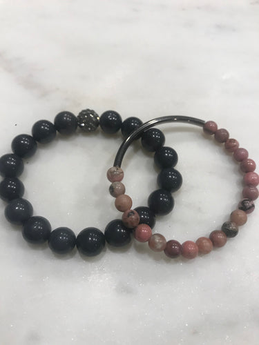 Two piece set gray jade with a pave bead and pink rhodonite with bar
