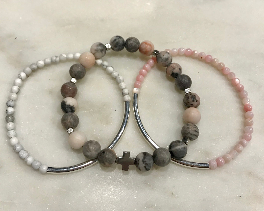 Three piece pink, gray and white set
