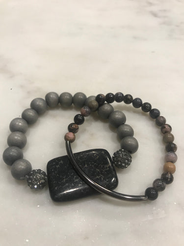 Two piece gray pyrite and rhodonite set