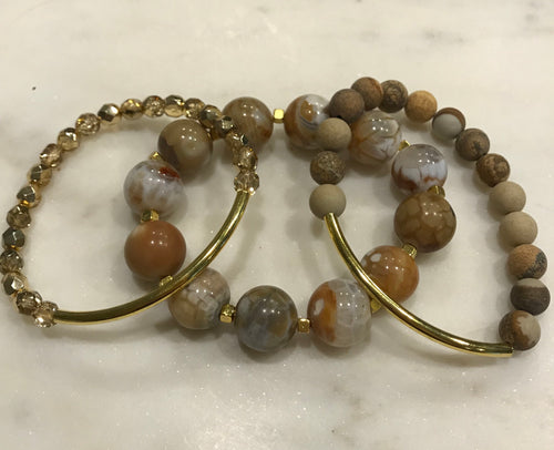 Three piece gold agate, jasper and Czech bead set