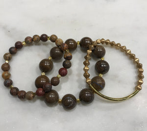 Three piece brown opal, jasper and Czech bead set