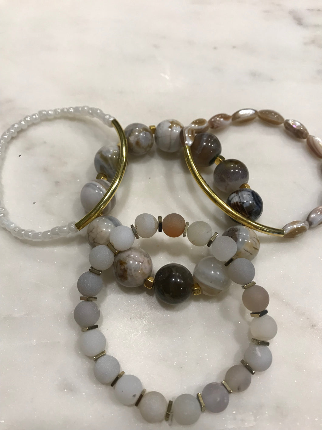Gray, white and gold three piece agate and shell stack set