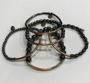Five piece hematite and rose gold bracelet stack set