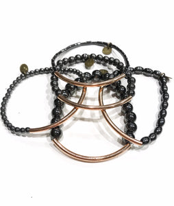 Five piece hematite and rose gold bracelet stack set